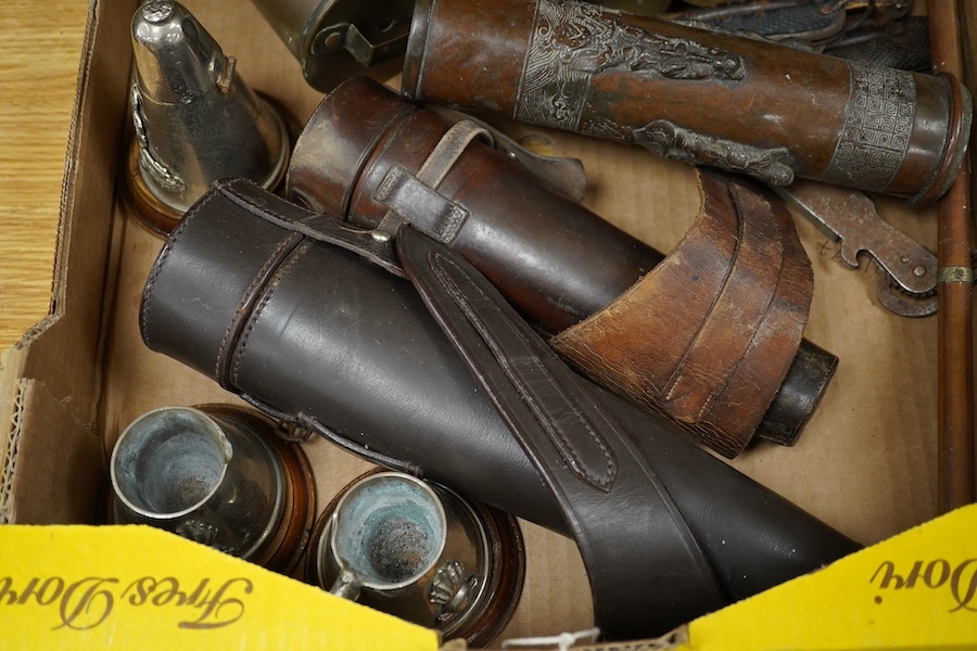 A collection of First World War trench art including engraved shell cases, mounted bullets in the form of a table lighter, ashtrays, etc. three penknives, a broken swagger stick, etc. Condition - poor to fair.